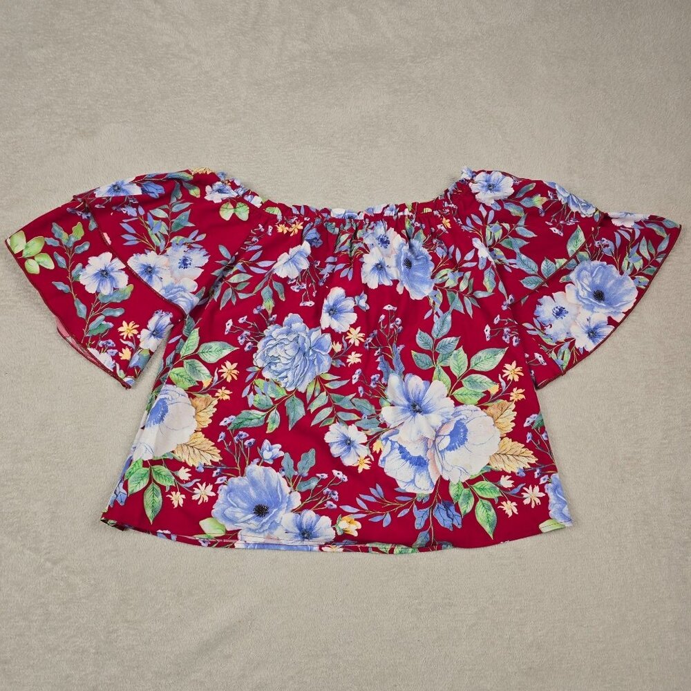 Floral Off Shoulder Blouse Medium Red Blue Flower Pattern Shein Ruffle Sleeve
